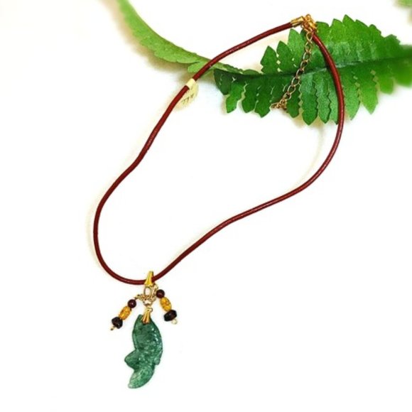 Collar Genuine Green Jade FISH Garnet Leather Cord - Picture 3 of 10